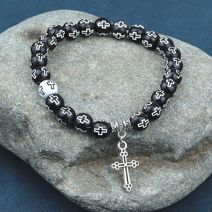 Cross Printed Black & White Bead Bracelet