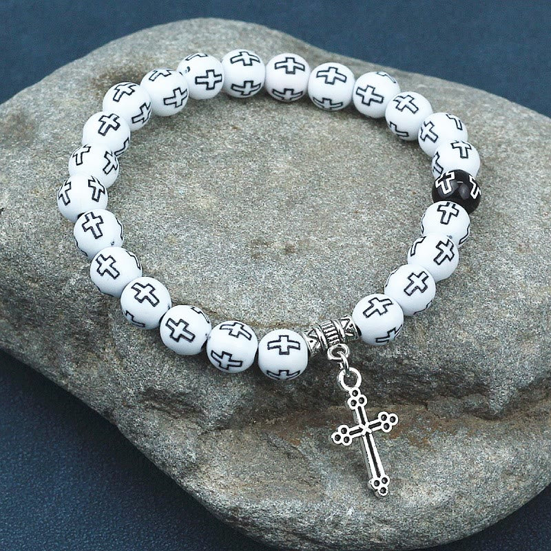 Cross Printed Black & White Bead Bracelet