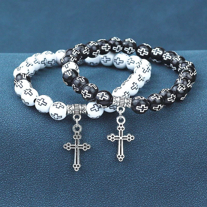Cross Printed Black & White Bead Bracelet