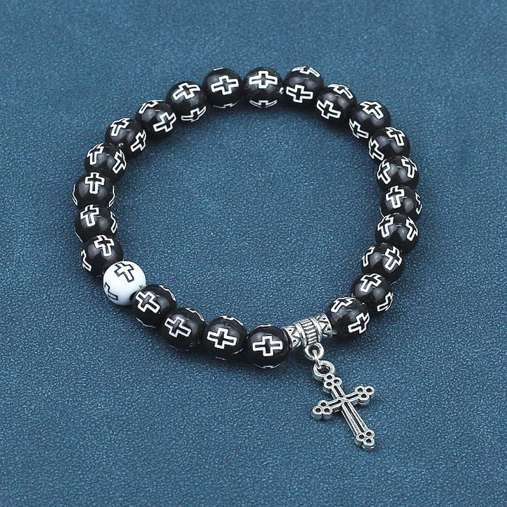 Cross Printed Black & White Bead Bracelet