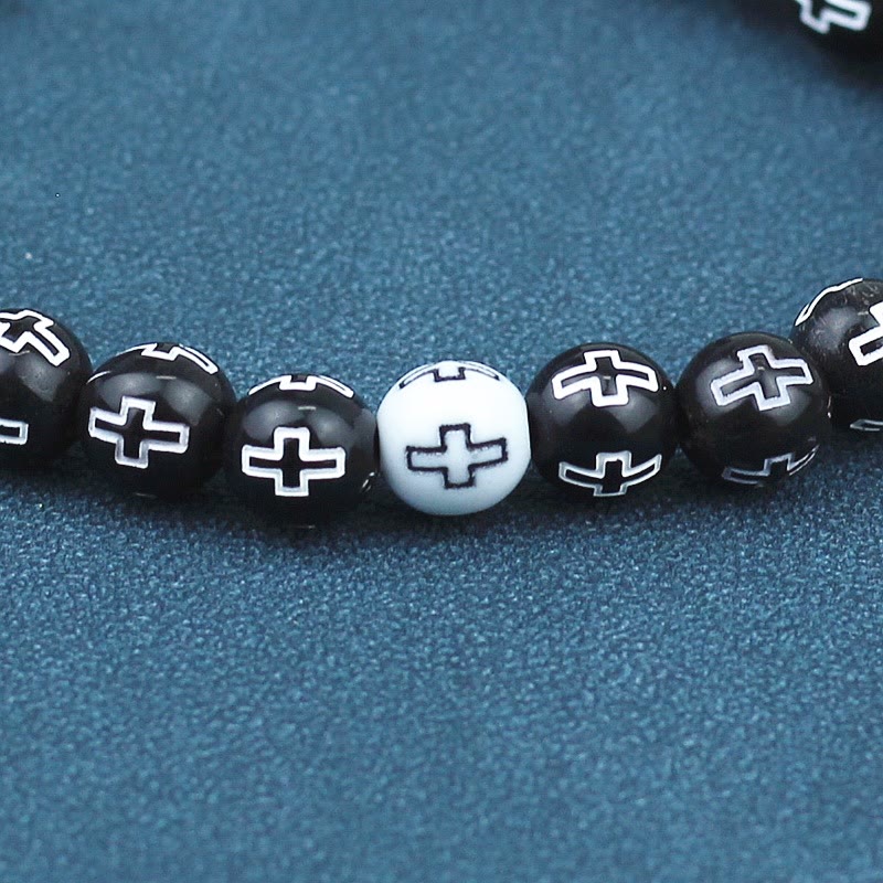 Cross Printed Black & White Bead Bracelet