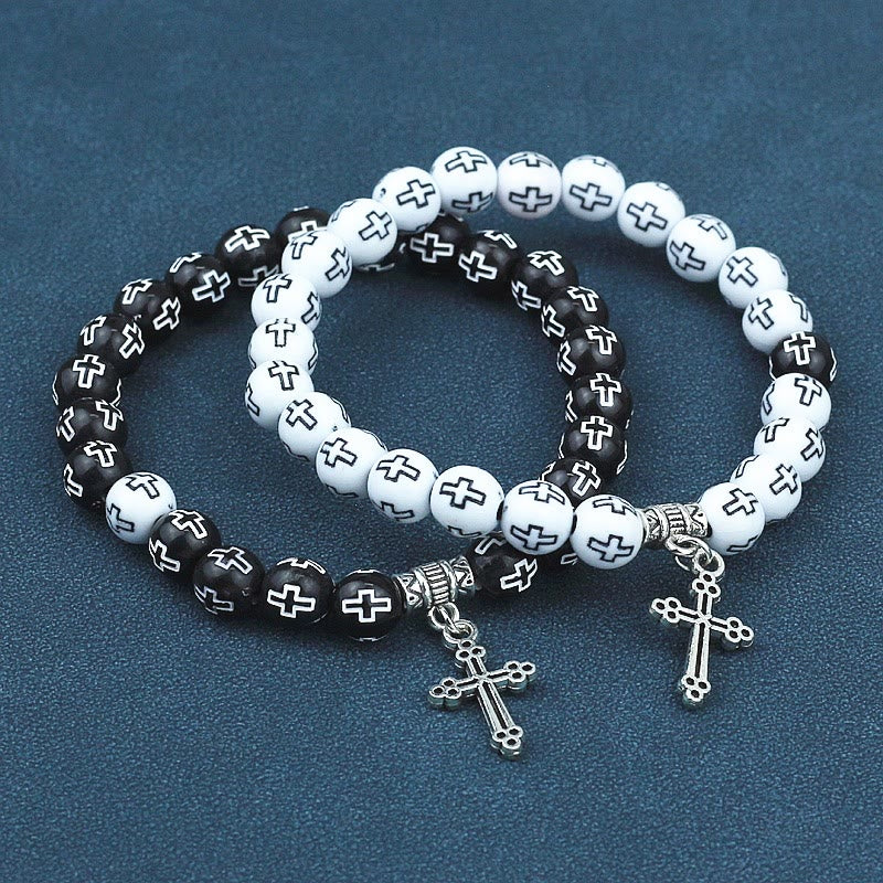 Cross Printed Black & White Bead Bracelet