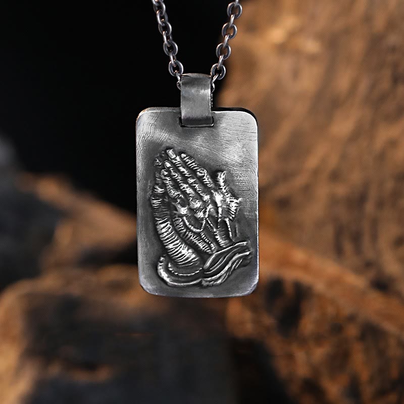 Retro Pray Hands Silver Medal Faith Necklace