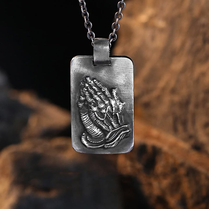 Retro Pray Hands Silver Medal Faith Necklace
