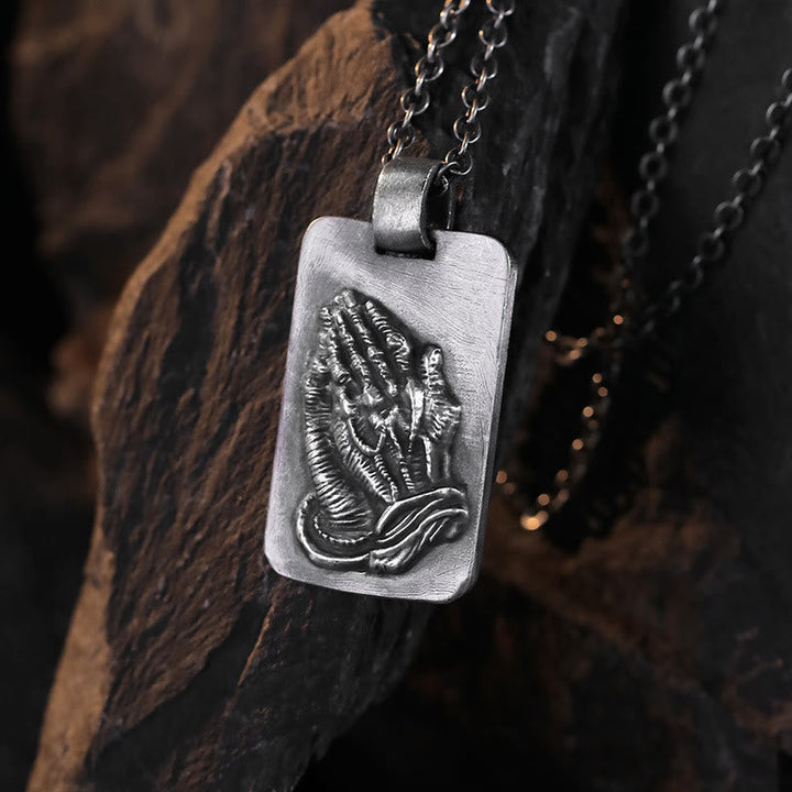 Retro Pray Hands Silver Medal Faith Necklace