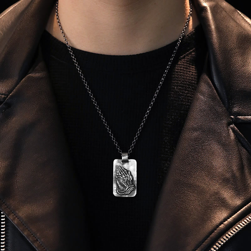 Retro Pray Hands Silver Medal Faith Necklace