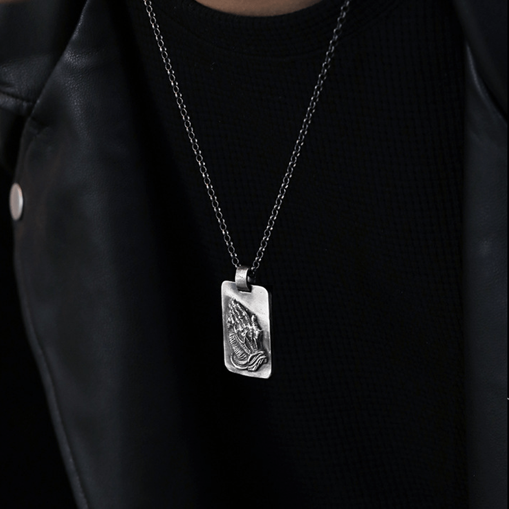 Retro Pray Hands Silver Medal Faith Necklace