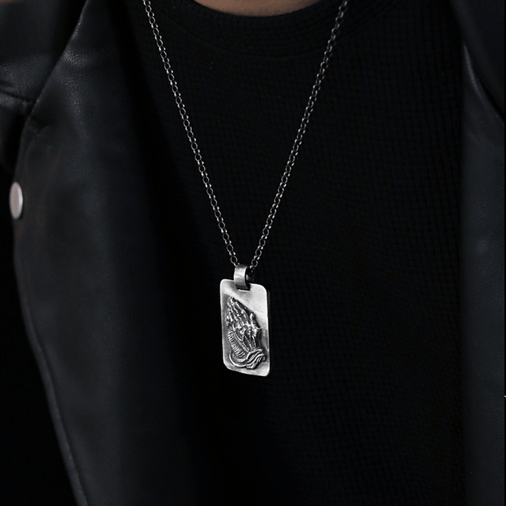 Retro Pray Hands Silver Medal Faith Necklace