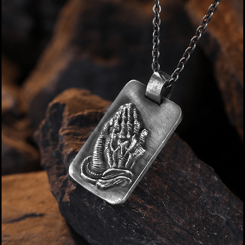 Retro Pray Hands Silver Medal Faith Necklace