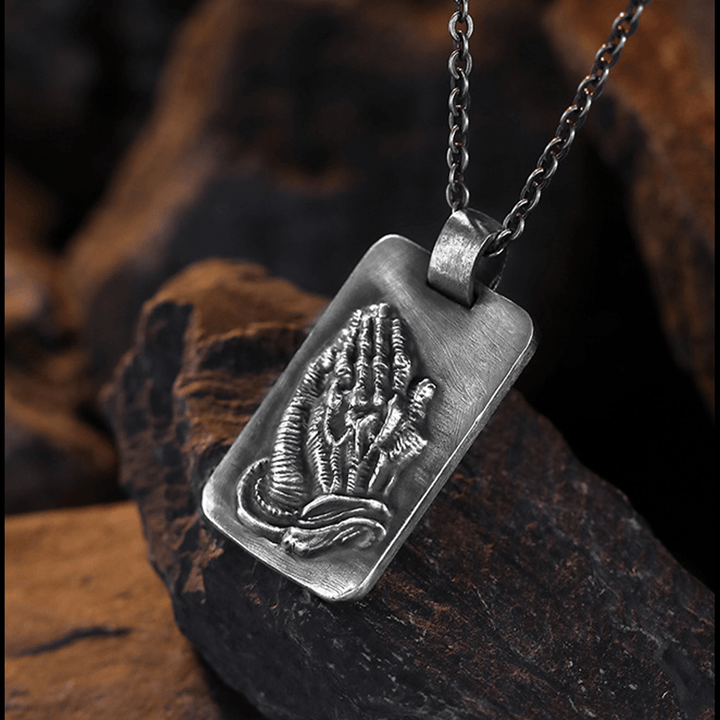 Retro Pray Hands Silver Medal Faith Necklace