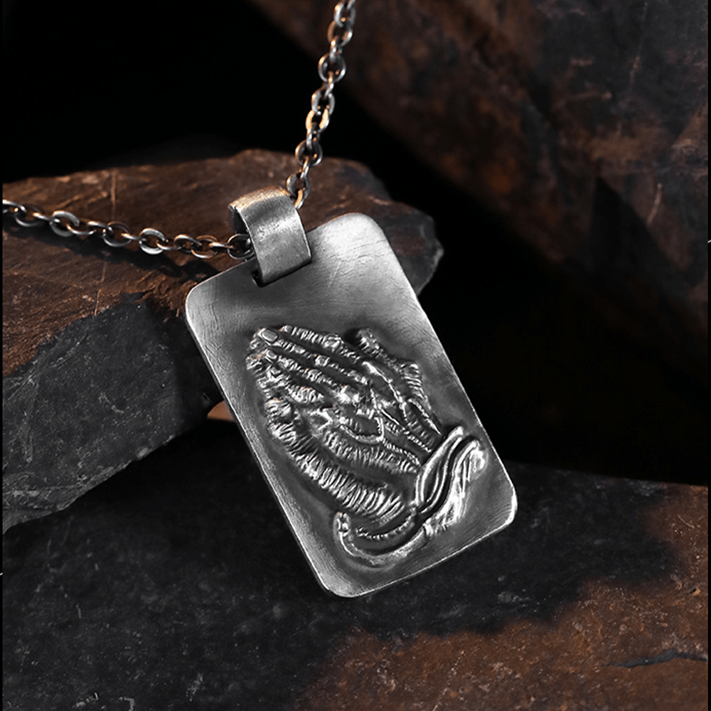 Retro Pray Hands Silver Medal Faith Necklace
