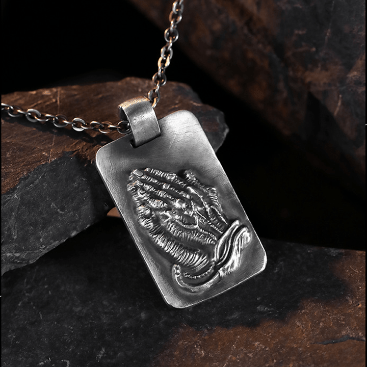Retro Pray Hands Silver Medal Faith Necklace