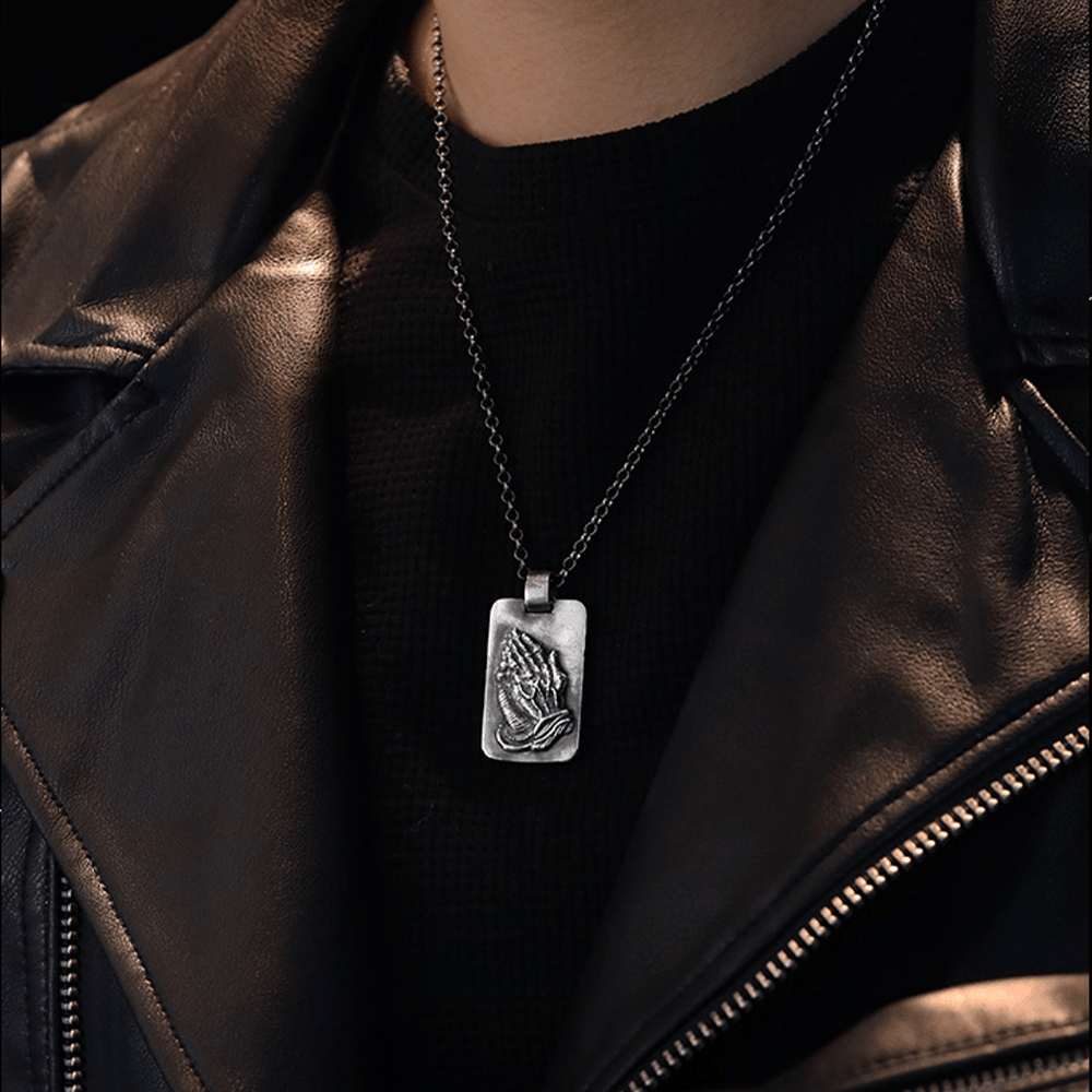 Retro Pray Hands Silver Medal Faith Necklace