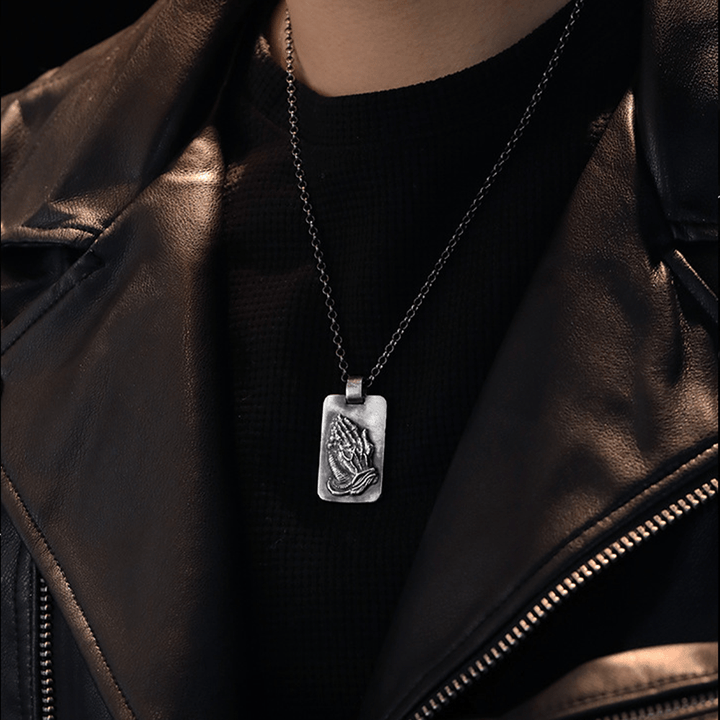 Retro Pray Hands Silver Medal Faith Necklace