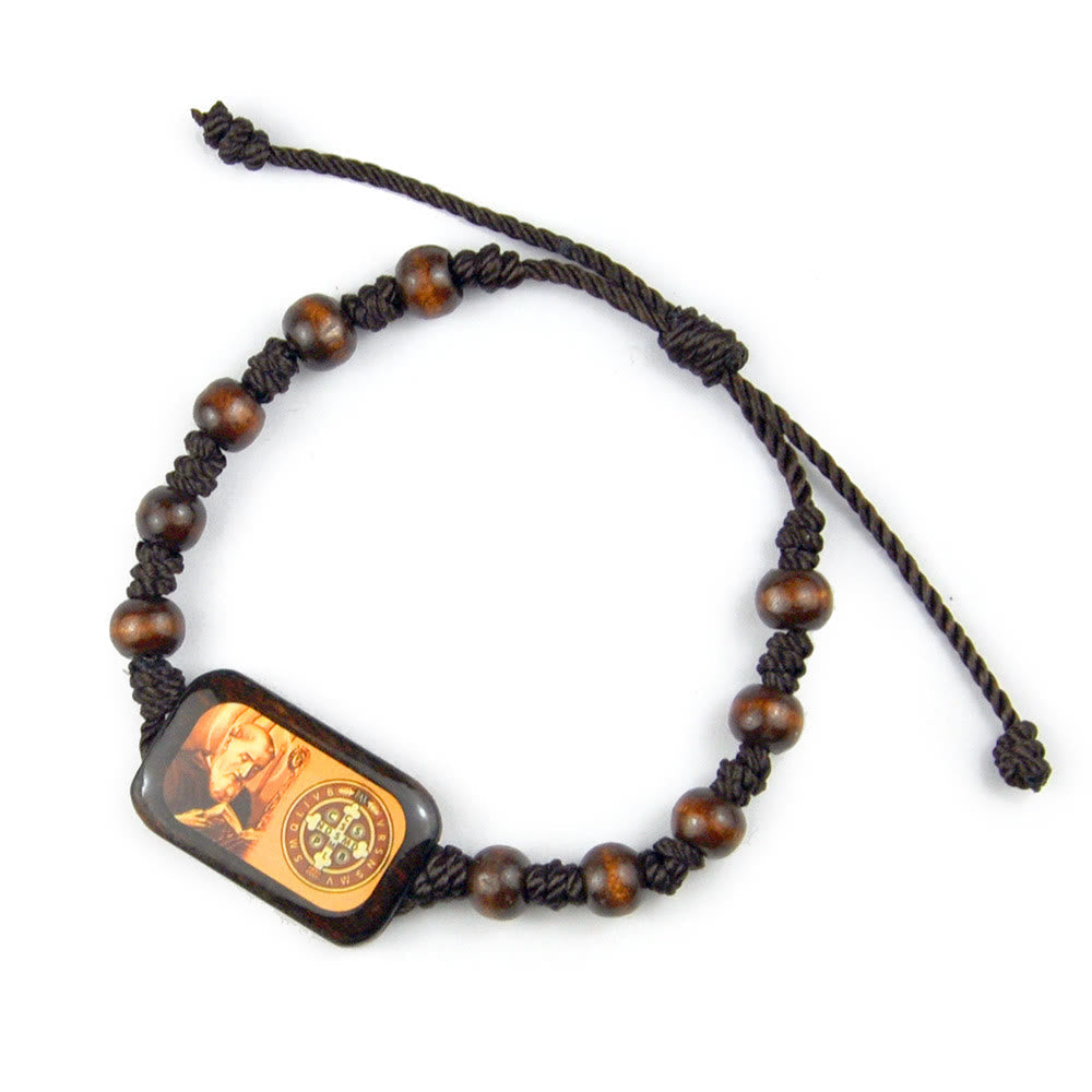 Catholic Wooden Oil Drip St. Benedict Image Bracelet