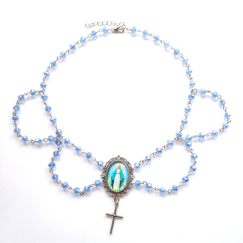 Miraculous Mary Image Glass Pendant Blue Crystal Clavicle Chain