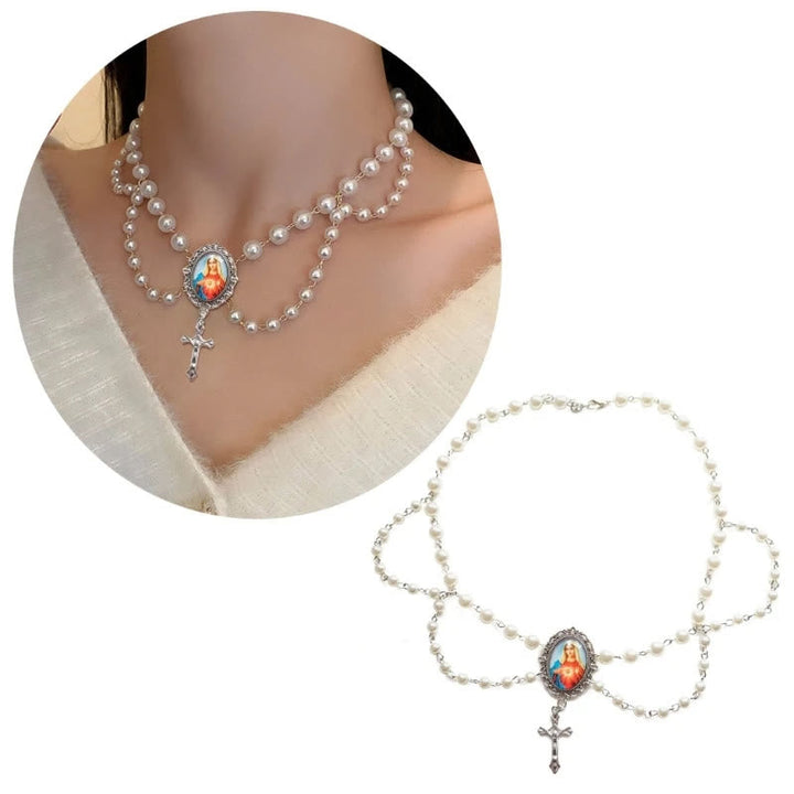 Miraculous Mary Image Glass Pendant Blue Crystal Clavicle Chain
