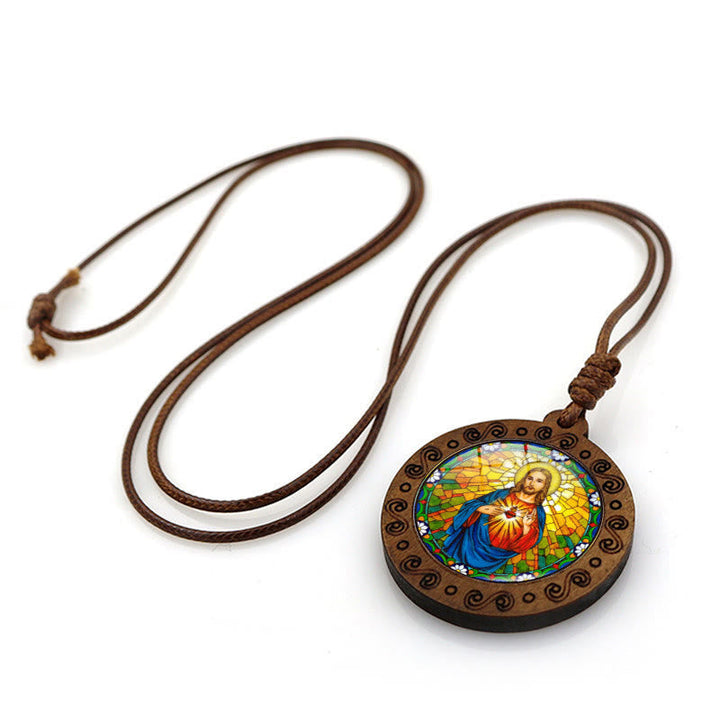 Jesus Sacred Heart Time Gemstone Wood Pendant Necklace