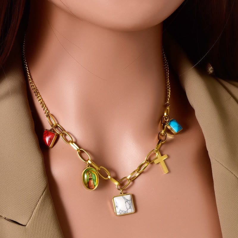 Casual Style Our Lady of Guadalupe Turquoise Cross Chocker Necklace