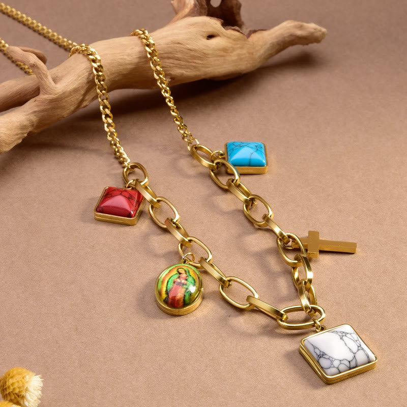 Casual Style Our Lady of Guadalupe Turquoise Cross Chocker Necklace