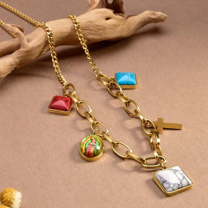 Casual Style Our Lady of Guadalupe Turquoise Cross Chocker Necklace
