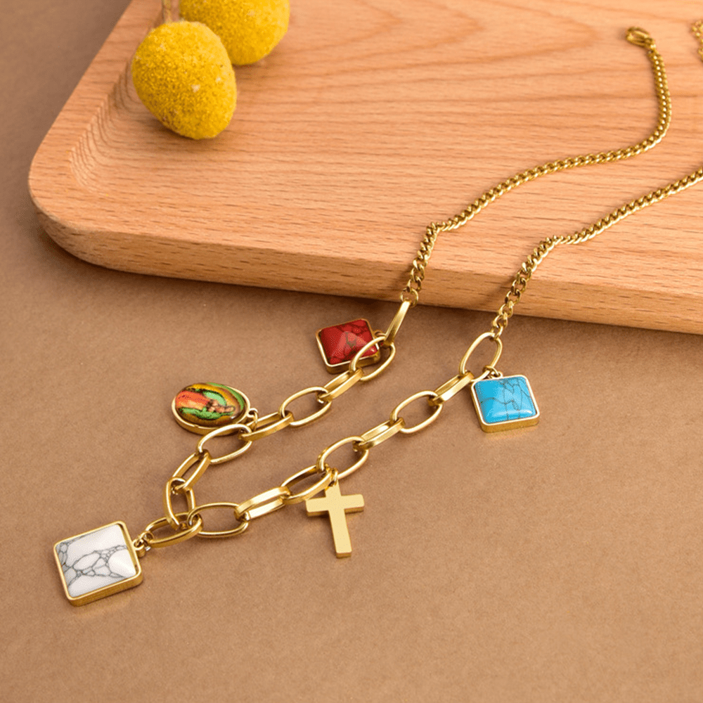 Casual Style Our Lady of Guadalupe Turquoise Cross Chocker Necklace