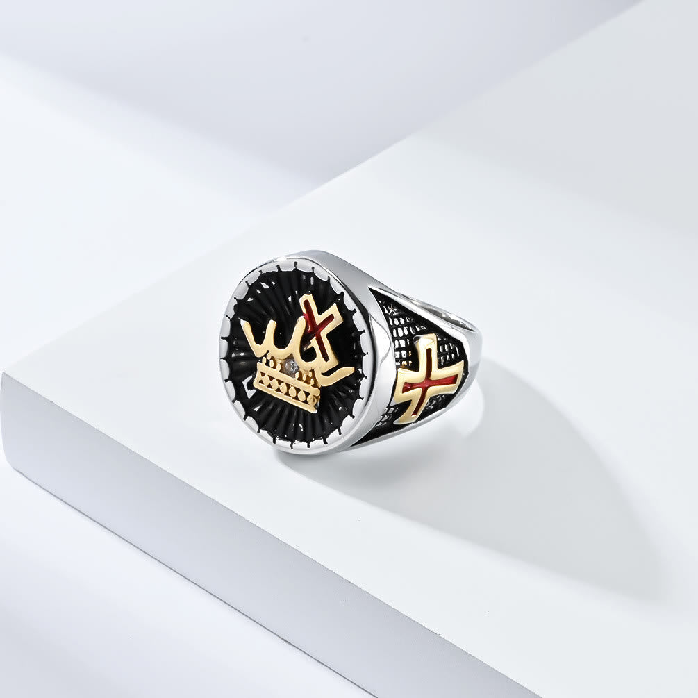 Retro Style Cross & Crown Titanium Ring