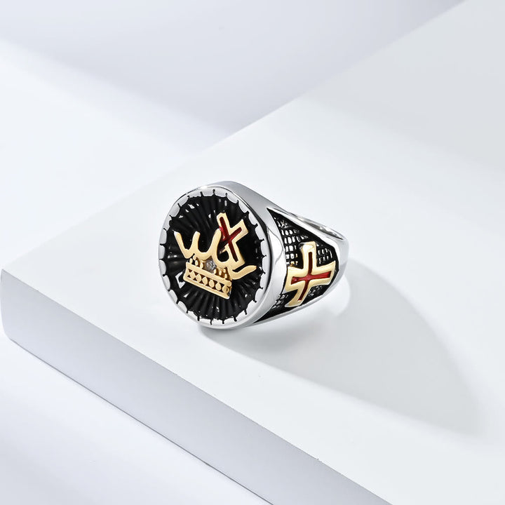 Retro Style Cross & Crown Titanium Ring