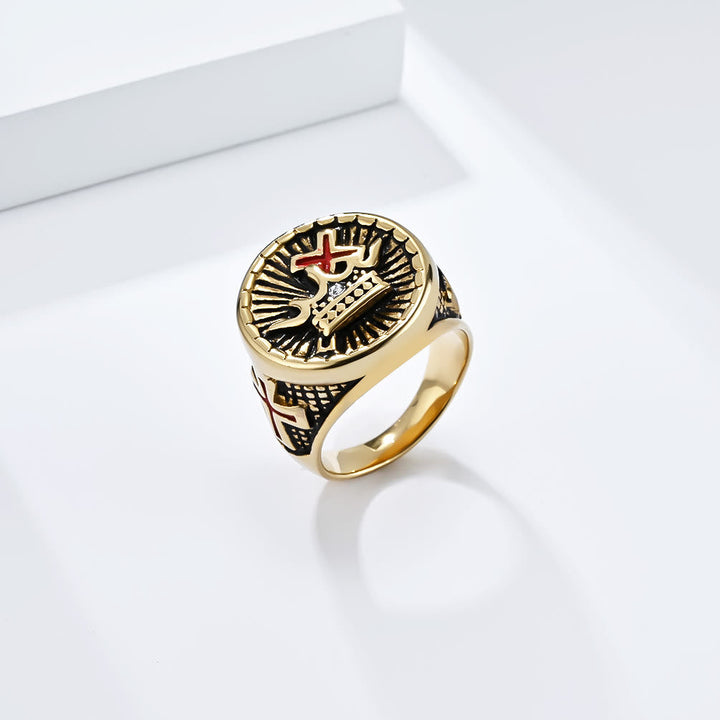 Retro Style Cross & Crown Titanium Ring