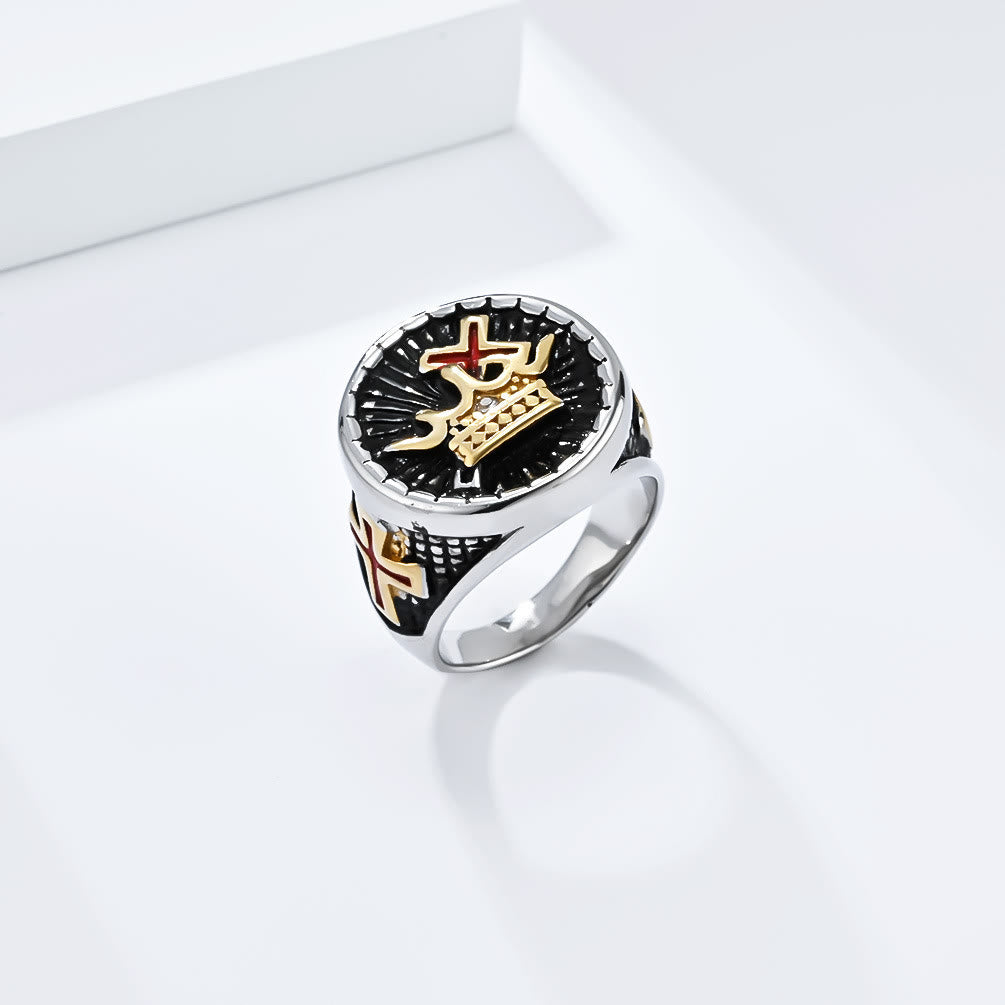 Retro Style Cross & Crown Titanium Ring