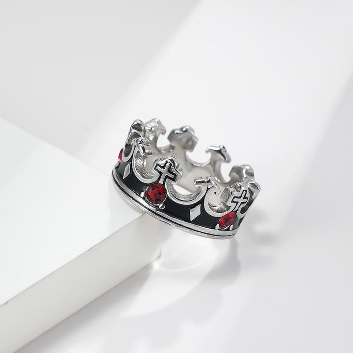 Retro Style Red Gem Papal Crown Cross Titanium Ring