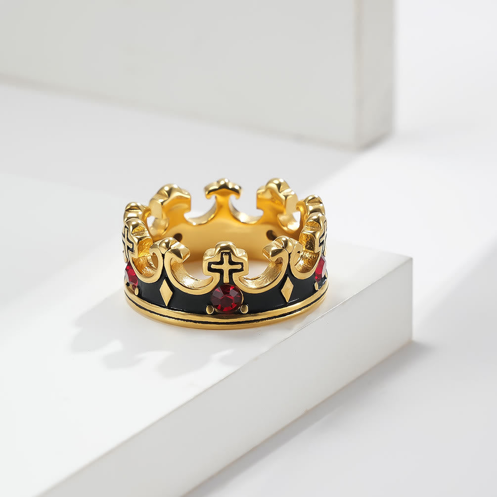 Retro Style Red Gem Papal Crown Cross Titanium Ring