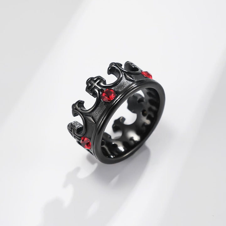 Retro Style Red Gem Papal Crown Cross Titanium Ring