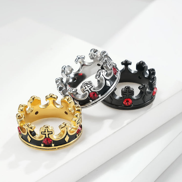Retro Style Red Gem Papal Crown Cross Titanium Ring