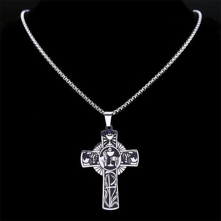 Multi-element Style Eucharist Halo Grapevine Cross Necklace
