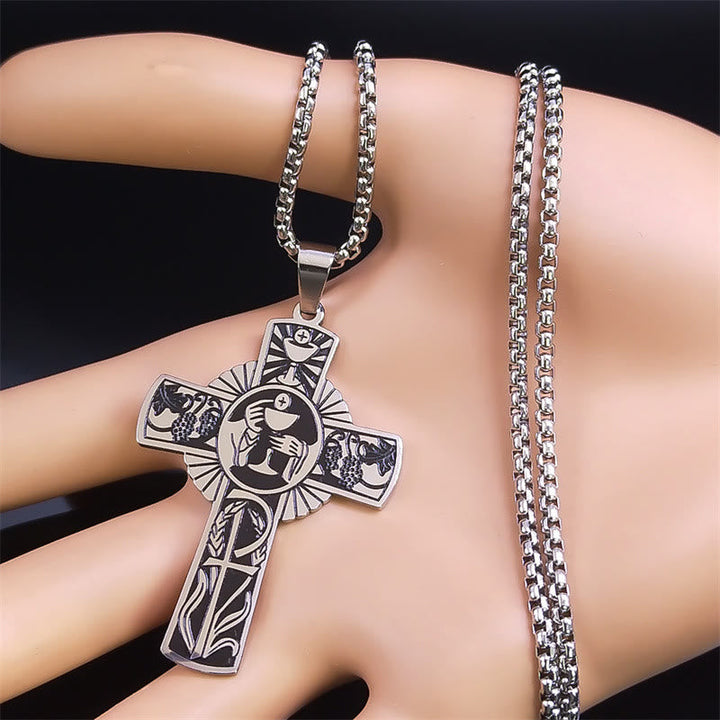 Multi-element Style Eucharist Halo Grapevine Cross Necklace
