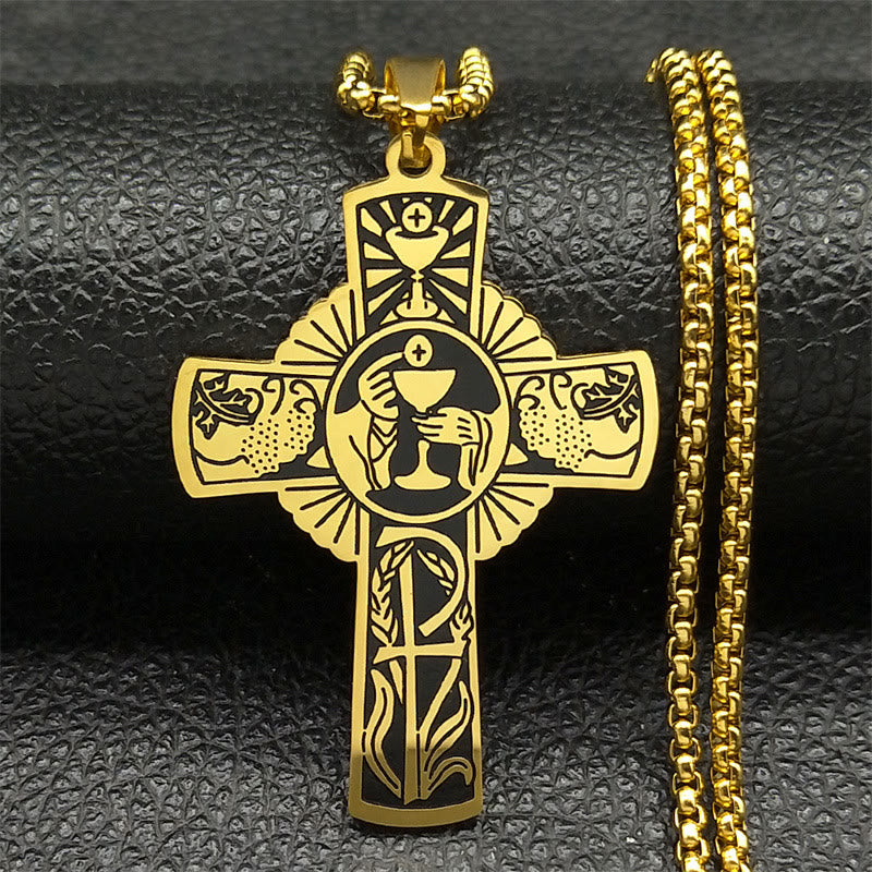 Multi-element Style Eucharist Halo Grapevine Cross Necklace