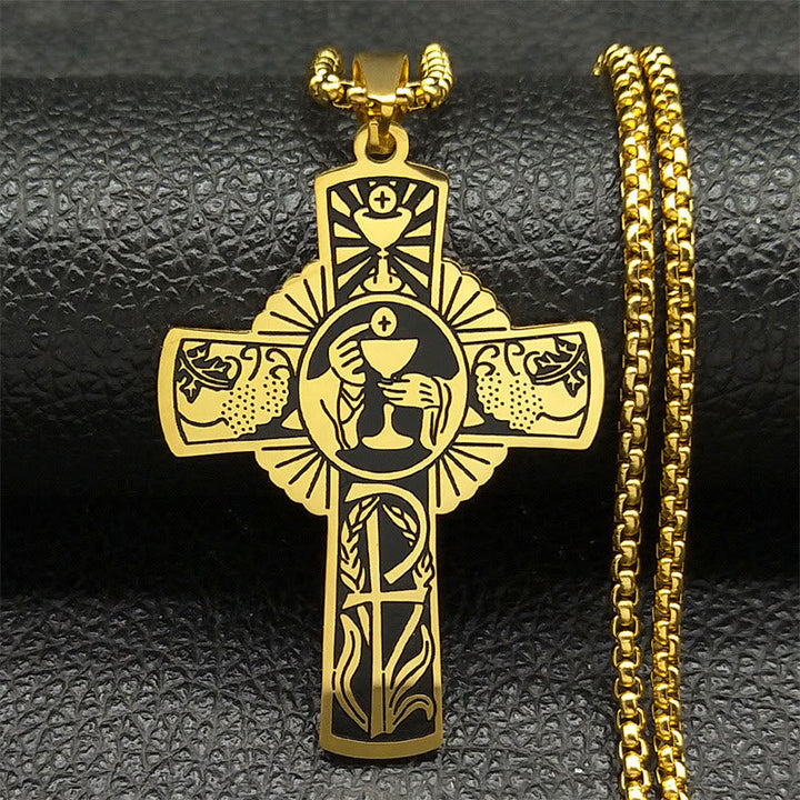 Multi-element Style Eucharist Halo Grapevine Cross Necklace