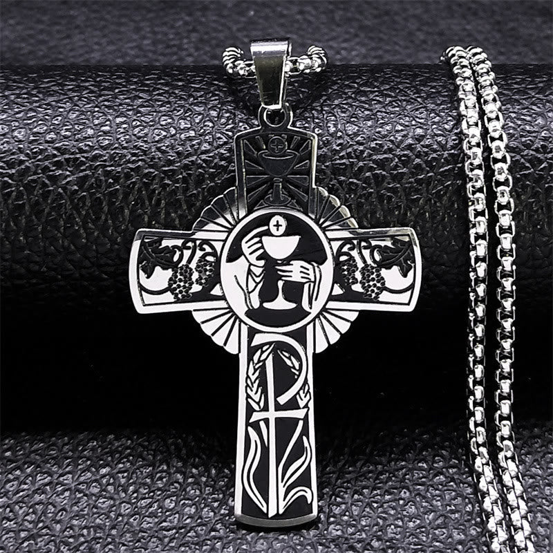 Multi-element Style Eucharist Halo Grapevine Cross Necklace
