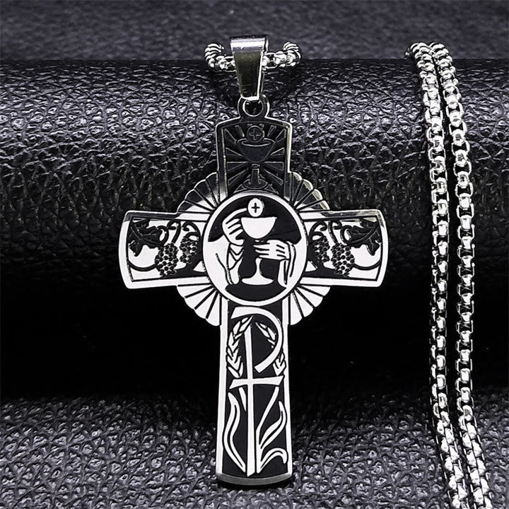 Multi-element Style Eucharist Halo Grapevine Cross Necklace