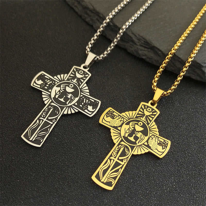 Multi-element Style Eucharist Halo Grapevine Cross Necklace
