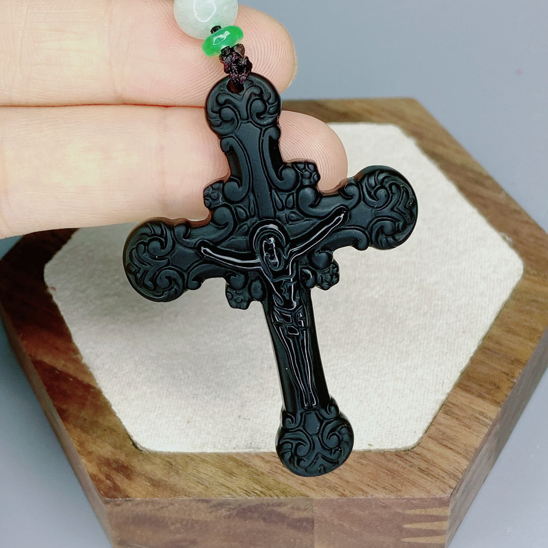 Classic Style Crafted Obsidian Crucifix Pendant Necklace
