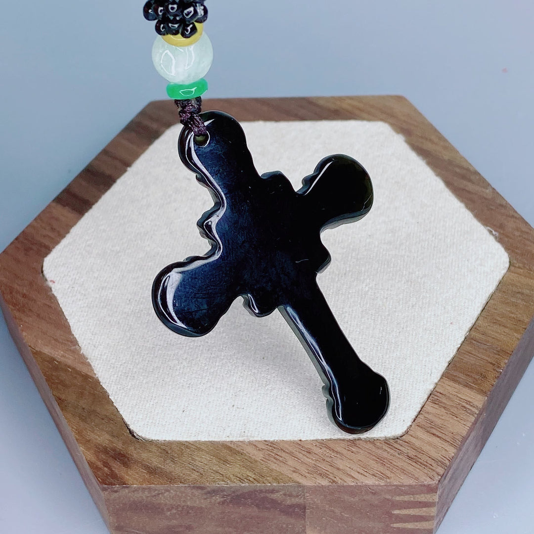 Classic Style Crafted Obsidian Crucifix Pendant Necklace