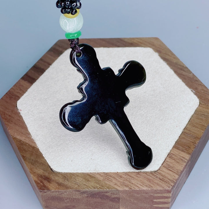 Classic Style Crafted Obsidian Crucifix Pendant Necklace