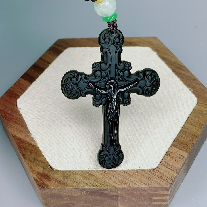 Classic Style Crafted Obsidian Crucifix Pendant Necklace