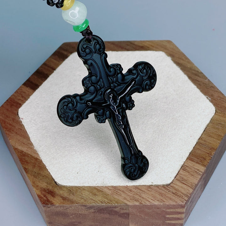 Classic Style Crafted Obsidian Crucifix Pendant Necklace