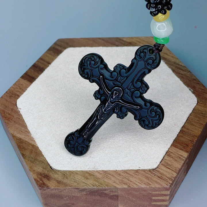 Classic Style Crafted Obsidian Crucifix Pendant Necklace