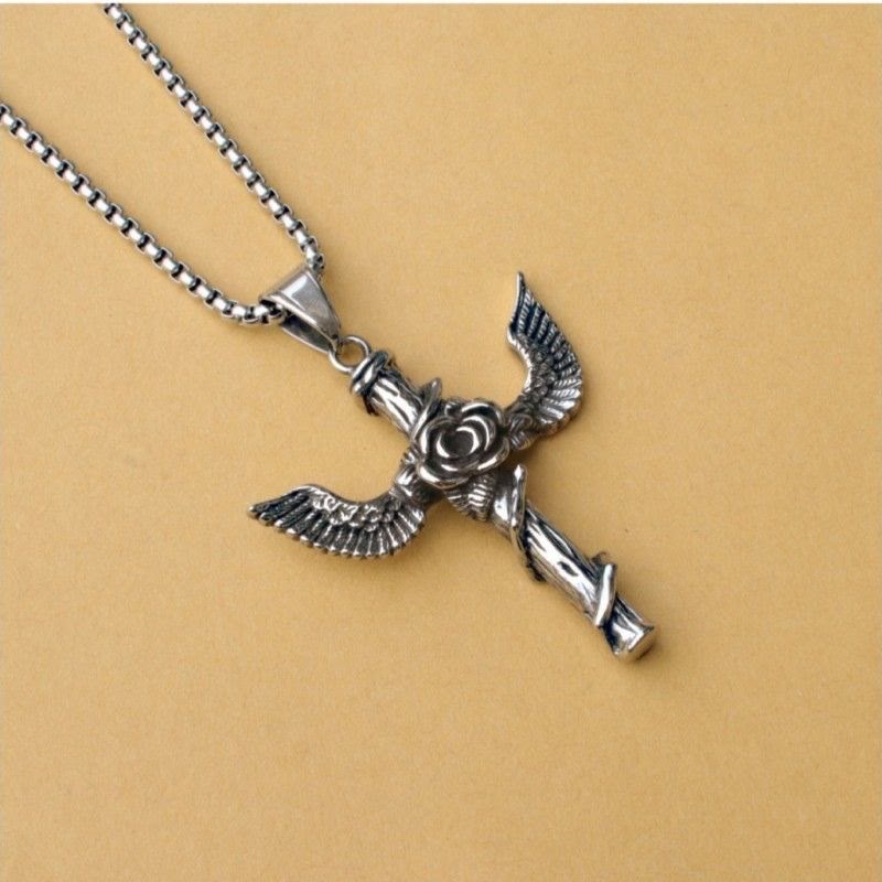 Retro Style Wings Rose Cross Pendant Titanium Necklace