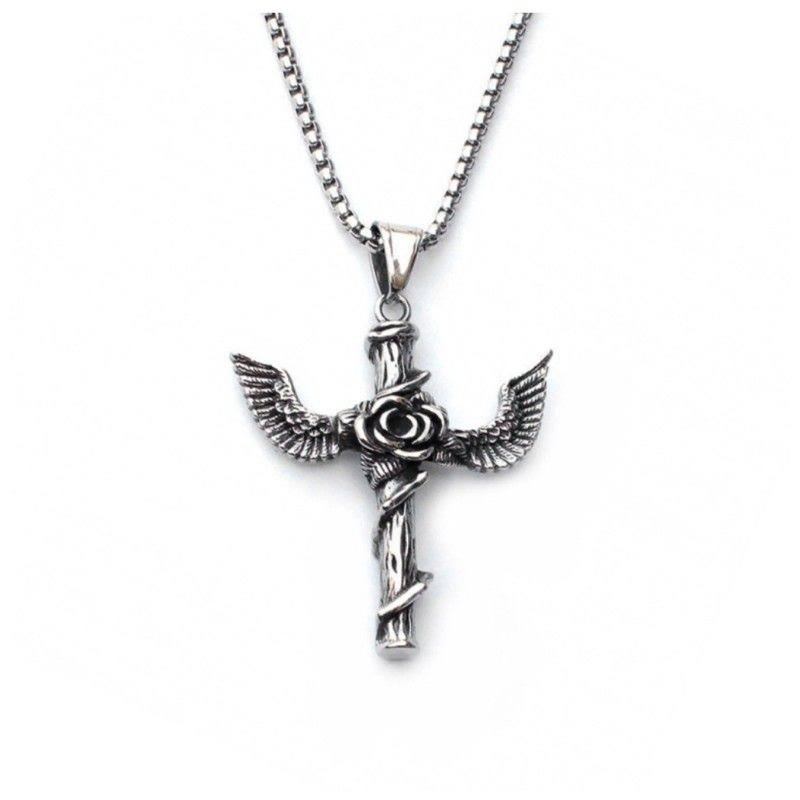 Retro Style Wings Rose Cross Pendant Titanium Necklace