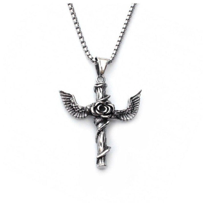 Retro Style Wings Rose Cross Pendant Titanium Necklace